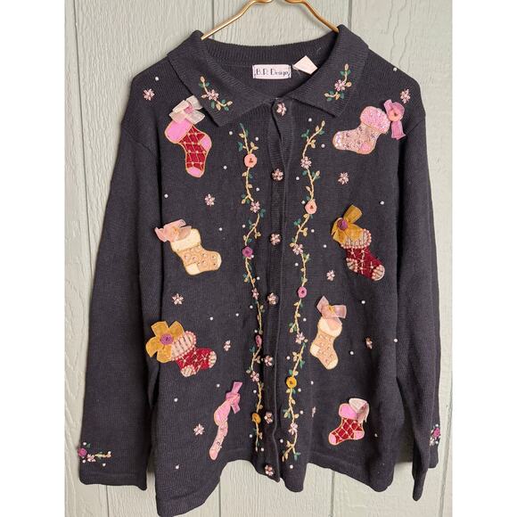 Vintage B.P. Design Embellished Christmas Stocking Cardigan – Women’s XL - Picture 1 of 8